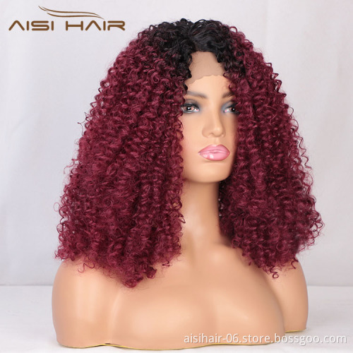 Aisi Hair Medium Long Afro Kinky Curly Wig Cosplay Ombre Red Swiss Lace Synthetic Wig Lace Frontal Hair Wigs For Black Women